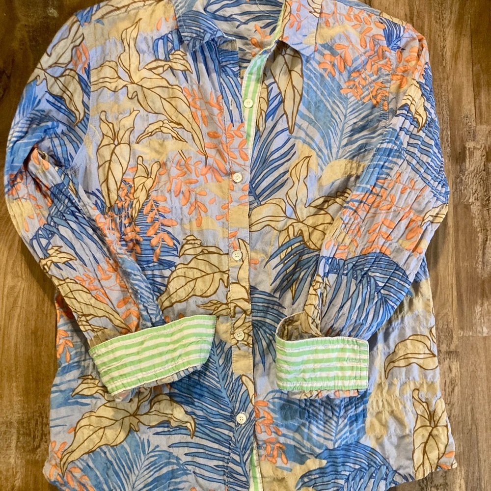 J. McLaughlin Tropical Print Button-Down Shirt in Blue & Orange Resort Luxury - Picture 10 of 16
